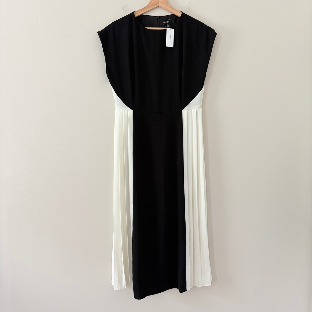Karen Millen Dress Petite Contrast Pleated Panel Skirt Midi 8 Black Ivory Mono - Picture 4 of 16